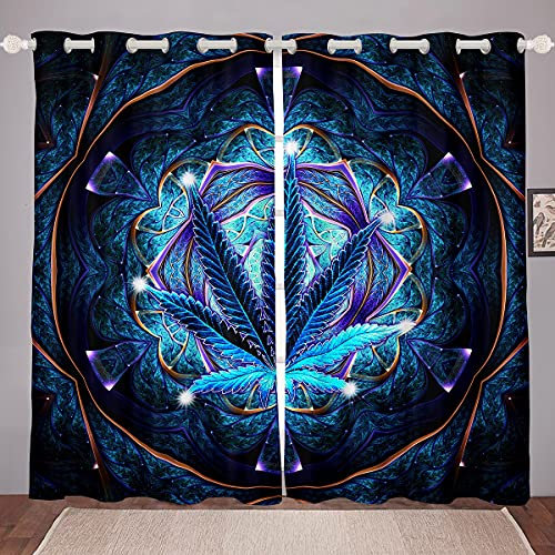 Cortinas de Ventana de Hoja de Marihuana Bohemio, Mandala, Hojas de Cannabis, Cortinas para niños, Hombres, Galaxia, cáñamo, Azul Degradado, Hermosos tratamientos de Ventana, W46 x L72