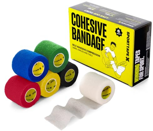 SPORTTAPE Självhäftande Bandage – 6 rullar, 5 cm x 4,5 m, Blandad | Kohesivt bandage för sport, fotboll och benskydd | Elastisk stödtejp för kompression, första hjälpen, vet wrap och rehabilitering
