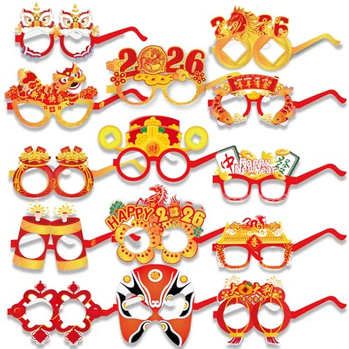 DPKOW 28pcs 2026 Nouvel an Chinois Fête Lunettes Photobooth en Papier, Drôle 2026 Réveillon du Nouvel an Chinois Bonbonnières Fournitures Accessoires Année du Cheval