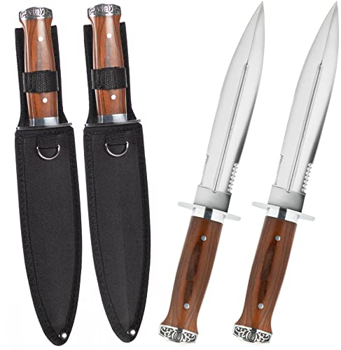 2er Set Outdoor Messer feststehend 33cm großes Jagdmesser mit Holzgriff und Nylonholster - Survival Messer Outdoor Dolch – bushcraft Knife - Bowiemesser - USA Sabber