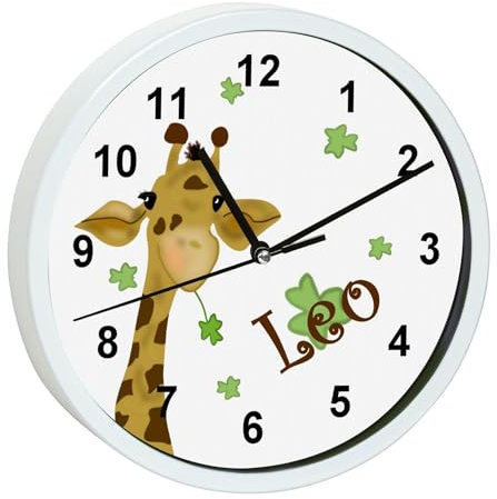 CreaDesign, Wanduhr Kinder personalisiert mit Name, Motiv Giraffe, Rahmen Wanduhr weiß, Ø 19,5 cm