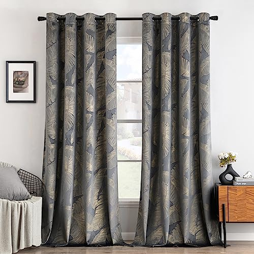 MIULEE Cortinas de terciopelo con estampado de hojas doradas, color gris, para salón y dormitorio, 2 unidades, 140 x 245 cm, decoración de cortinas con anillas para el hogar