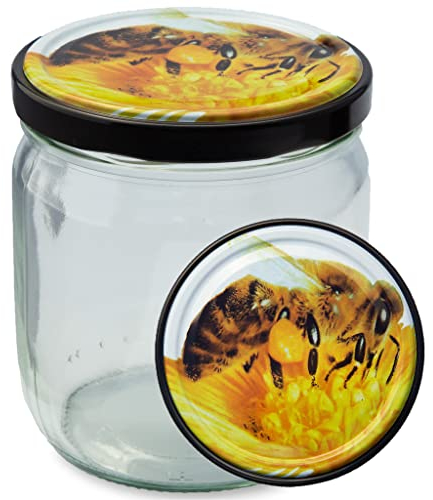 Imkado Twist-Off-Gläser (36 Stk) mit Metalldeckel (500g), abgerundeter Boden, Honigglas, Marmeladenglas (Deckel: Biene)
