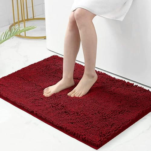 Homaxy Halkfri chenille-badrumsmatta i mikrofiber, absorberande hög lugg, badrumsmatta – 60 x 90 cm, vinröd