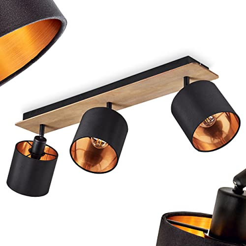 HOFSTEIN Deckenleuchte Alsen, Deckenlampe aus Metall/Holz/Stoff in Schwarz/Natur/Kupfer, verstellbare Leuchte im Vintage-Design (Ø Schirme 12 cm), 3 x E14, Esszimmer, Schlafzimmer, Wohnzimmer, Küche