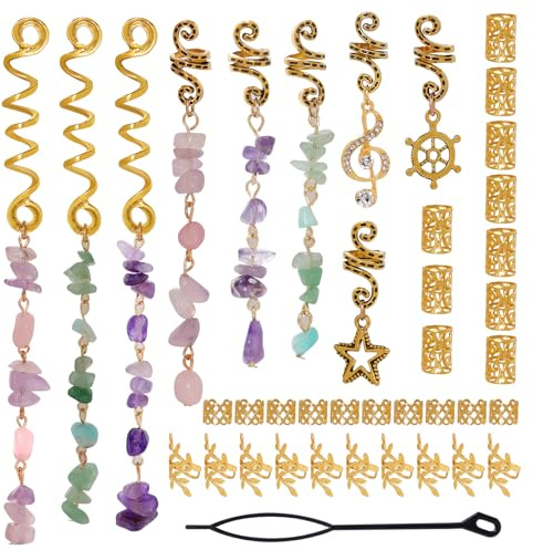 Hoyuwak Haarschmuck für Zöpfe, natürliche farbige Kristallsteine, Haarschmuck, Metall-Haarschmuck, Gold, Loc Dreadlock, Haarspiralen, Manschettenringe für Frauen und Mädchen, Frisurdekoration