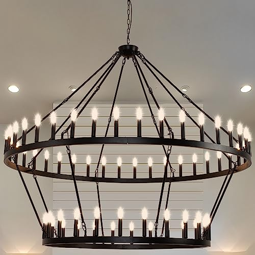 JKLX 70 Inch Extra Large Wagon Wheel Chandelier 2 Tier 64-Lights Black Farmhouse Pendant Light Fixture, Round Rustic Hanging Lighting for Outdoor Porch high Ceilings Living Dining Room Foyer Entryway