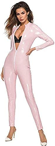 Women Patent Leather Bodysuit Sexy Clubwear Bodysuit Adult Cosplay Costumes Motorcycle Dancewear,Pink,Large