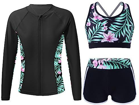 ranrann Barn flickor 3-delad baddräkt anti-UV UPF 50+ tankini-set topp + shorts + långärmad kappa rashguard badkläder 3–16 år, E svart, 13-14 �r