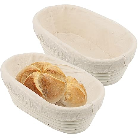 JOIKIT 2 PCS Oval Bread Proofing Basket, 10 Inch Banneton, Rattan Sourdough Proving Basket with Liner, Beige, Oval Shape