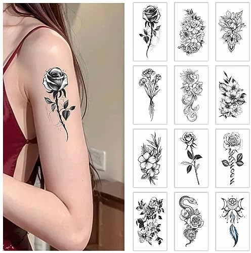 Womaha 12 Sheets Black and White Flower Temporary Tattoos for Women and Girls Fake Tattoo Stickers