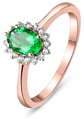 Diamond Ring Eternity, Vorsteckring Gold 750 18K Roségold Smaragd Blume 4 Zinken 0,5 ct Smaragd Im Ovalschliff mit 0,11 ct Diamant Gr.47 (15.0)