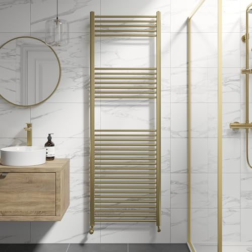 DuraTherm® 1800 x 600mm Flat Straight Heated Towel Rail Radiator Modern Central Heating Bathroom Warmer Wall Mounted Ladder Rad, Brushed Brass