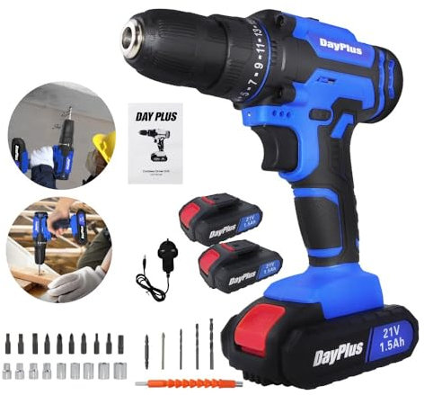 Xinng Cordless Drill Driver 21V,Cordless Drill Power Tool Electric Screwdriver,25+1 Torque,2 Speed,LED Light,26 Accessories,Cordless Combi Drill Kit for Home and Garden DIY, (2 Batteries)-Blue