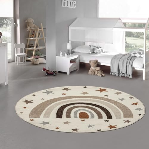Teppich-Traum Kinderteppich Rund Regenbogen Sterne Creme Ø 120 cm | Kuschelig weich, pflegeleicht, robust, rutschfest, schadstofffrei und OEKO-TEX geprüft, für Kinderzimmer & Leseecke
