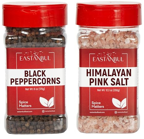 Recambio de sal y pimienta para molinillo, granos de pimienta enteros de 6 onzas, sal rosa del Himalaya 12.7 onzas, granos de pimienta para repuesto de molinillo, granos de pimienta negra, sal rosa