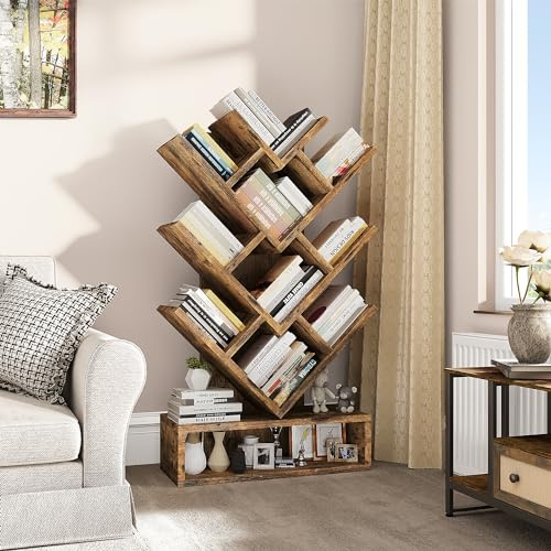 YITAHOME Baum Bücherregal, Boden stehendes Bücherregal mit hölzernen Schublade industrielle Regaleinheiten Anzeige Lagerregal für Wohnzimmer, Haus, Büro, Vintagebraun Bücherregale
