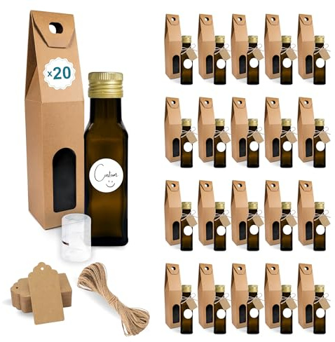 20 mini bottiglie in vetro scuro da 100 ml con tappo a vite dorato + 20 scatole + 20 sigilli + 20 etichette personalizzate + 20 etichette Kraft + spago - olio d'oliva, aceto, alcool