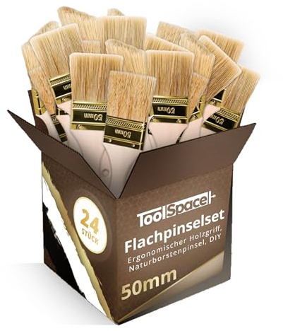 ToolSpace Pinselset Flachpinsel Set 24er Borstenpinsel 50 mm Flachpinsel-Set Naturborsten Pinsel Holz Griff Lackierpinsel Malerpinsel Lasurpinsel Streichen Wänden Malerbedarf Wandfarbe Streichpinsel