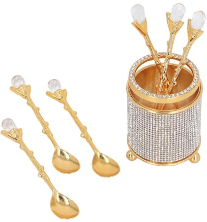 Lot De 6 Cuillères à Café Avec Support, Petites Cuillères à Thé Dorées En Acier Inoxydable, Organisateur De Rangement Pour Station De Café, Mini Cuillères à Dessert Pour Fruits, Remuer, Mélanger, Sucr