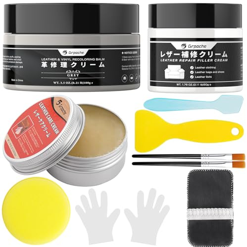 Grpoche Leder Reparatur Set Grau mit Lederfett & Lederreparaturcreme, für Ledersofas, Autositze, Schuhe Für Reparatur Lederfarbe Auf Verblassten und Zerkratzten Ledersofas