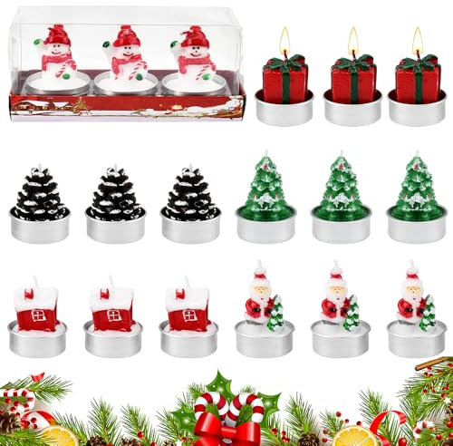 YBCCBY 18 stück Weihnachten Teelicht Kerzen Weihnachtsteelichter Zarte Weihnachtskerzen Weihnachtsdeko Kerzen Weihnachtsmann Schneemann Weihnachtsbaum Haus Box Form Christmas Candle für Party
