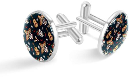 Dia de Los Muertos Manschettenknöpfe mit Totenkopf- und Gitarren-Druck, klassische Edelstahl-Manschettenknöpfe für Herren, Anzughemd, Manschettenknöpfe, Schmuck, Business, Hochzeitsgeschenke, 20mm x
