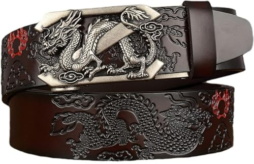 PYWJGZSX Ceinture En Cuir Véritable Pour Hommes Et Femmes Avec Boucle 3D Dragon Automatique Gravée, Pantalon Décontractée/Coffee/110Cm/43