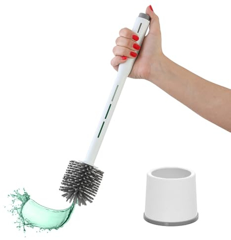 Scopino Bagno Per WC Con Erogatore Di Liquido Igienizzante In Plastica Bianca Solida E Resistente Con Setole In Silicone Antiaderente Completo Di Contenitore