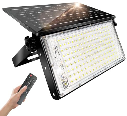 CREATESTAR Lampe Solaire Exterieur 150W, LED Projecteurs Solaires IP65 Étanche avec Télécommande Dimmable, Lampe de Sécurité Solaire pour Porche, Patio, Cour, Garage