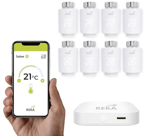 Tête Thermostatique Intelligente Connectée REKA - Contrôle Température Via Appli Tuya, Programmation, Détection Fenêtres Ouvertes - Compatible Assistants Vocaux (8, avec Passerelle)