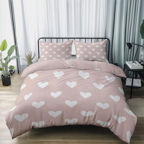 Copripiumini Semplice A Forma Di Cuore Bianco Stampa Rosa Set Copripiumino in Morbido Microfibra con Federa e Copripiumini a Cerniera per Adulti e Adolescenti 220 x 260 cm