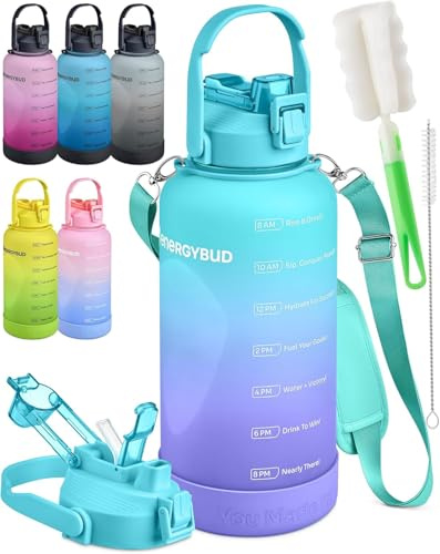 EnergyBud 2.2L Water Bottle | Large Gym Water Bottle For Men & Women With 2 Straws | No BPA, BPS, DEHP | Tritan Material | Dishwasher Safe, Adjustable Strap, Wide Mouth, Silicone Base + 2 Brushes