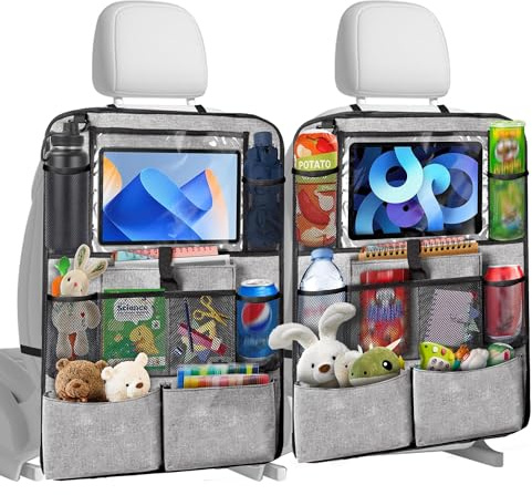 Chumix Auto Organizer Kinder, 2 Stück Rückenlehnenschutz Auto Kinder 600D Oxford Tuch, Autositz Organizer mit 10 Zoll Tablet-Tasche und 10 Taschen, Trittfest und Pflegeleicht für Autositze, Grau