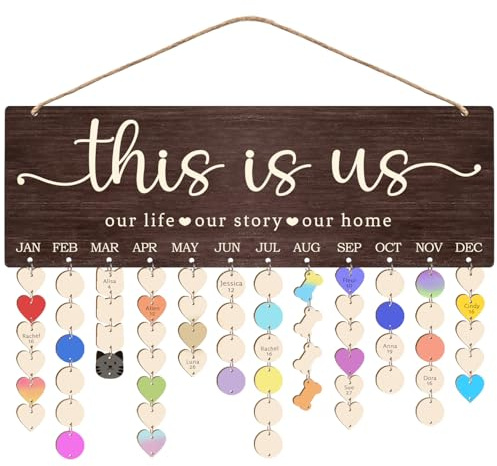 Family Birthday Calendar Board Wall Hanging with Tags, Family Birthday Plaque with Tag Wooden Memory Days Reminder Wall Hanging Home Décor Wood Anniversary Tracker with 104 Tags, Valentines Day Christmas Gifts for Lovers Friends (THIS IS US)