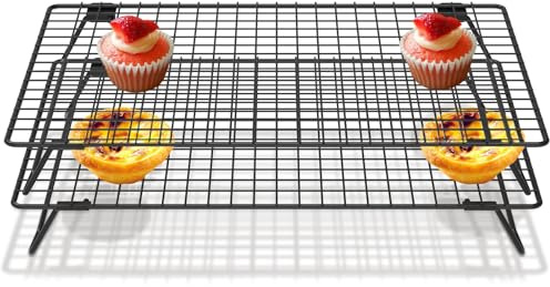 Dojreope 2 Pcs Stackable Cooling Rack for Cooking and Baking Carbon Steel Baking Cooling Rack with Collapsible Legs Nonstick Cake Cookie Coolings Racks for Baked Goods Black