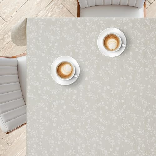KP HOME Gris Mantel Hule Mesa Rectangular 200 x 140 cm – Mantel Antimanchas Limpiable con Tacto Suave - Cubierta de Mesa Vinilo, PVC Hule Impermeable con Estampado De Enredaderas Florales Blancas