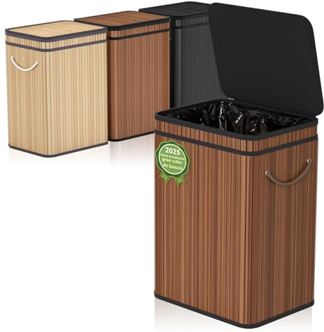 Cubo de basura grande de 80 litros/21 galones con tapa, Cubo de basura/cubo de basura para exteriores para el hogar, de bambú, para exteriores, hogar, oficina, baño y cocina, 40 x 30 x 60 cm (Marrón)