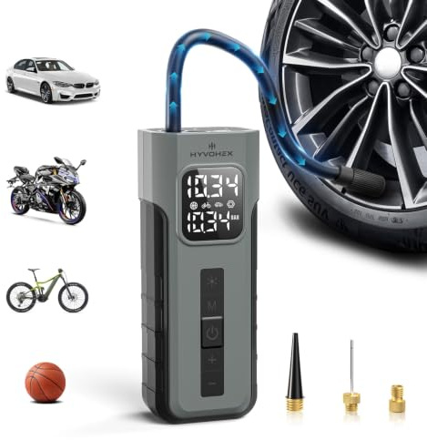 HYVOHEX Elektrische Luftpumpe,Akku Kompressor,10,34 Bar Fahrradpumpe | 1 Min Schnellbefüllung Kabelloser Luftkompressor mit Digitalem Manometer,Reifenkompressor mit LED Licht für Auto,Fahrrad