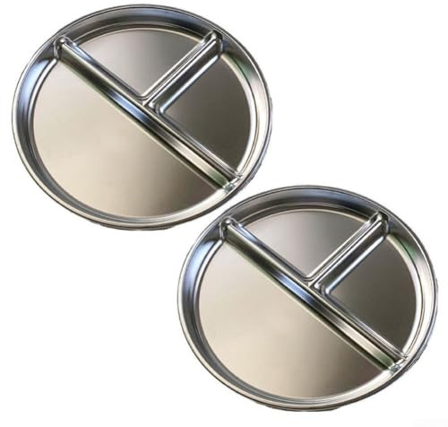 Juego de 2 platos de acero inoxidable divididos con 3 compartimentos, bandejas redondas para el control de porciones y múltiples usos, incluyendo almuerzo de oficina y cena al aire libre