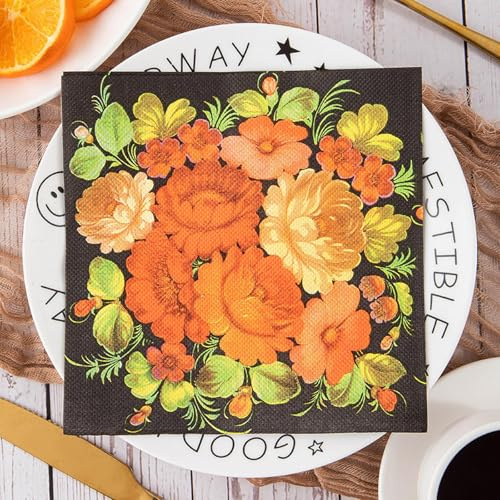 Serviettes en Papier Fleurs Oranges Serviettes de cocktail Décorations de fête,Absorbantes et pratiques - jetables pour mariage,anniversaire,apéritif,Noël,dessert20 Paquet(33x33cm)