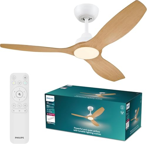 PHILIPS Olas Ventilador de Techo con Luz LED, 3 aspas, Diámetro 132 cm, 2650 Lúmenes, Luz Blanca Ajustable de 3000 K a 6500 K, Regulable al 5%, Mando a Distancia Incluido, Blanco/Madera