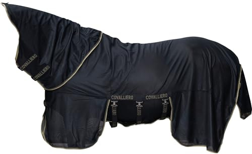 Covalliero - Fliegendecke mit Halsteil FS26 – Pferdedecke mit abnehmbaren Kreuzgurten & Schweiflatz – atmungsaktive Weide-, Transport- & Stalldecke – Decke in Schwarz – Gr. 135cm