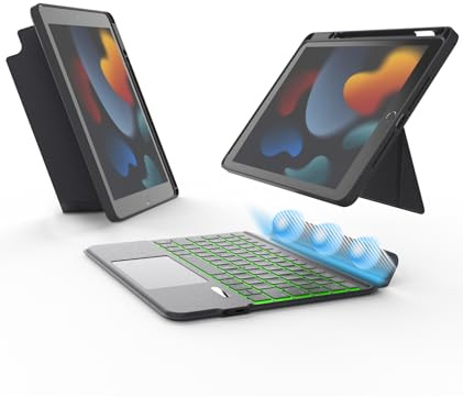 EIP Funda con teclado Bluetooth para iPad de 10.2 pulgadas (7ª/8ª/9ª generación), 10.2 pulgadas con atajos patentados para lápiz capacitivo, protector, soporte de bisagra ajustable, funda desmontable