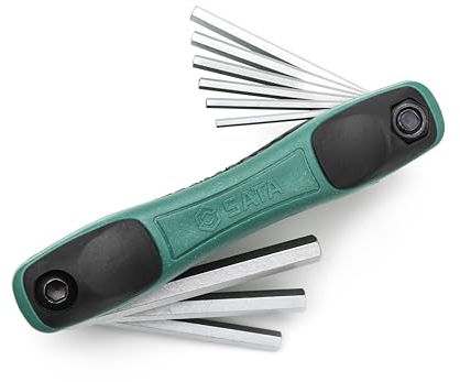 SATA ST09122SJ Juego de Llaves Hexagonales Plegables SAE de 9 Piezas, 5/64 Pulgadas - 1/4 Pulgadas, con Construcción de Acero de Aleación y Agarre Cómodo de Dos Materiales