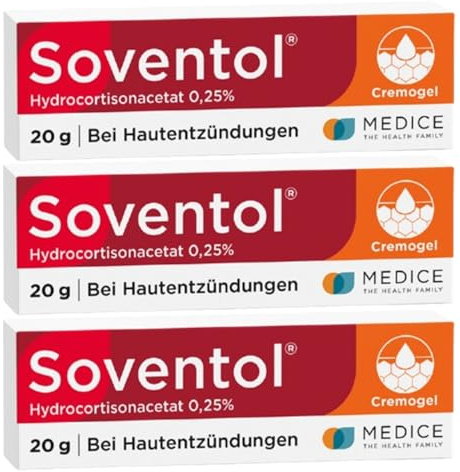 Soventol HydroCortisonACETAT 0,25% Cremogel 3 x 20 g bei Sonnenbrand, Hautentzündungen & Juckreiz - kühlt sanft & schnell die Haut - entzündungshemmend