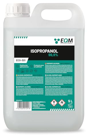 EQM SOLUCIONES QUIMICAS - ECO-301 - Alcohol Isopropílico 99,9% - 5L - Isopropanol - Limpieza componentes electrónicos, objetivos y pantallas - Limpieza de resinas en impresión 3D
