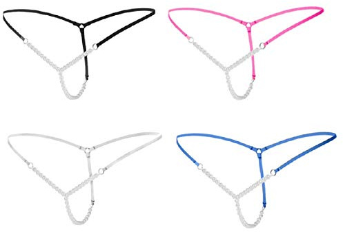 Kissa Micro String élastiques avec Perles Taille Unique Lingerie Femme Sexy (Bleu)
