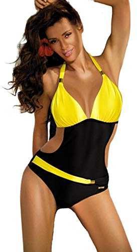 JFAN Costume da Bagno Donna Estivo con Scollo A V Bikini alla Moda di Un Pezzo Blocco di Colore Slim Halter Siamese Senza Schienale Costume da Bagno Giallo XXL