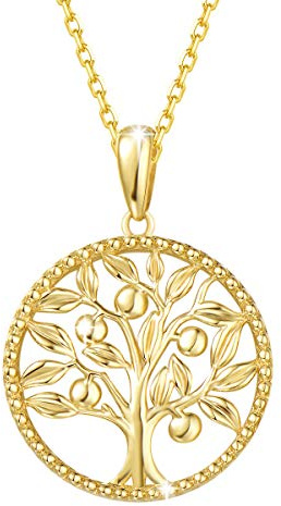 FANCIME Lebensbaum Kette aus Solide 14 Karat 585 Gelb Gold 15mm Durchmesser Anhänger Halskette Einfacher minimalistischer Geschenkschmuck für Damen Mädchen - Verstellbares Kettenlänge: 40 + 5 cm